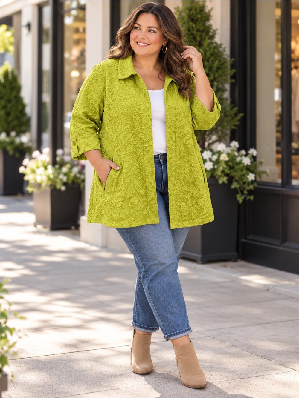 NWT Slim Factor Lime Green Textured Stretch Jacket 3/4 Sleeve Open Front 3X Plus